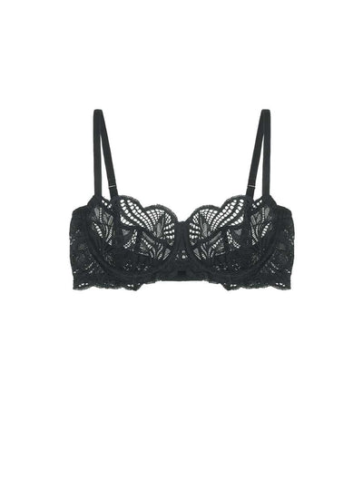 Front of Fleur Of England navy, lace balcong bra from the Deilen collection.