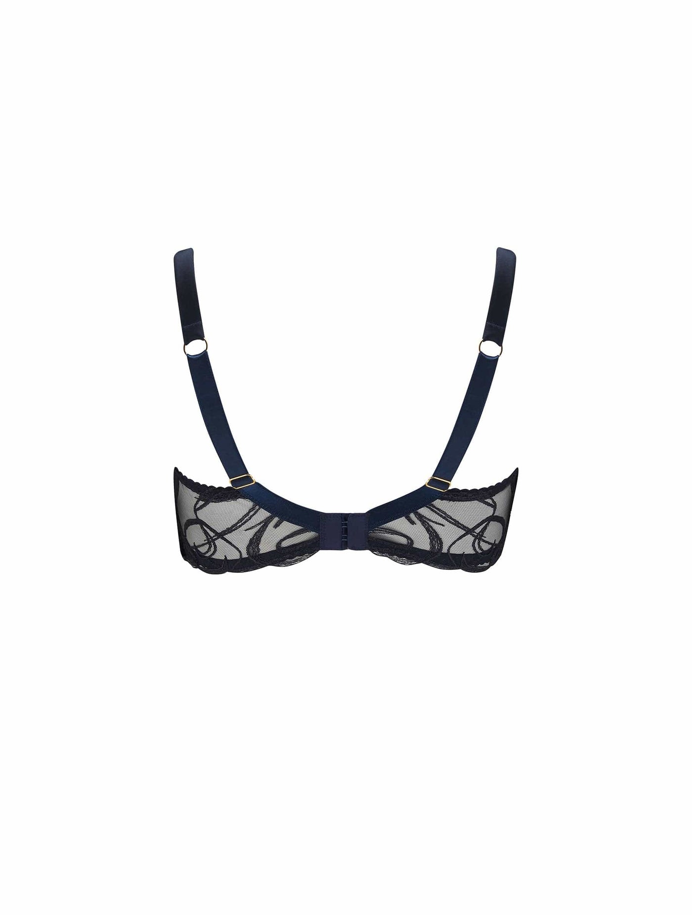 Back of navy blue silk and tulle Balcony Bra Curve from the Fridar collection.