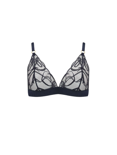 Fleur of England navy blue Fridar Boudoir Bra with sheer embroidered cups and silk straps.