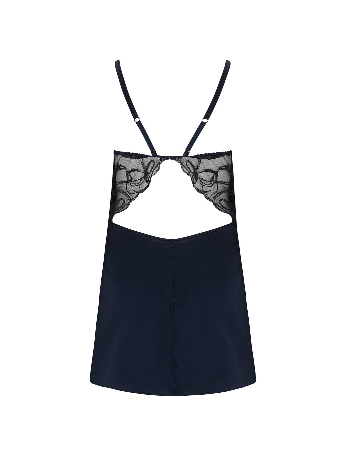 Back of navy blue Fridar Curve Silk Babydoll with open back.