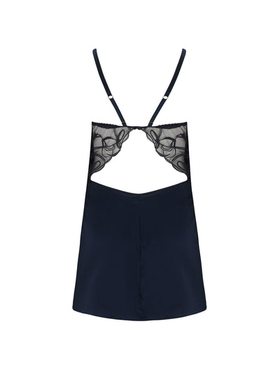 Back of navy blue Fridar Curve Silk Babydoll with open back.