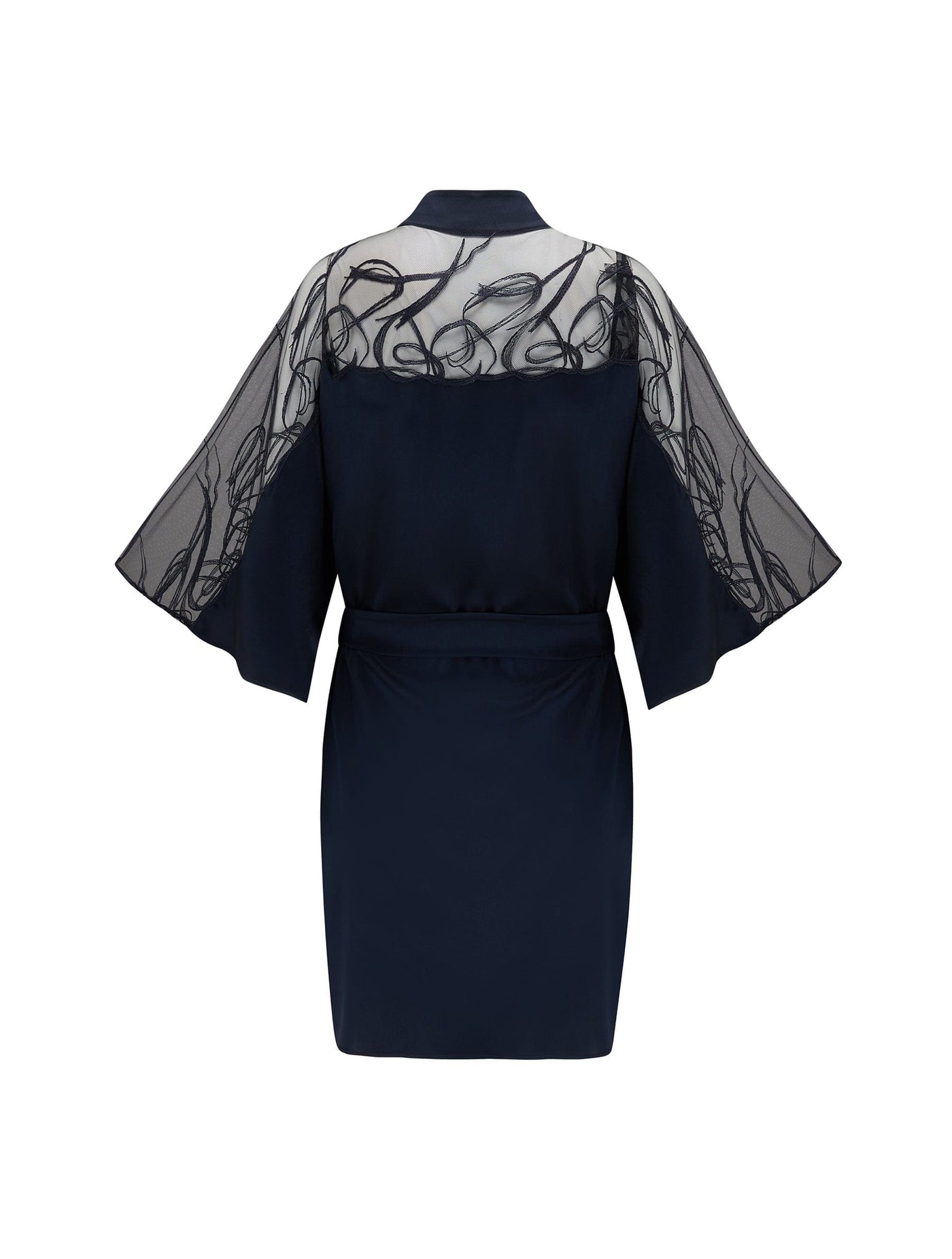 Navy blue Silk Robe with sheer embroidered panel across the back and sleeves.