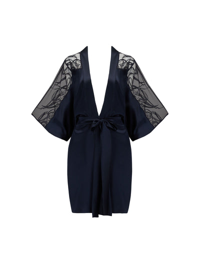 Navy blue Fridar Silk Robe with sheer panels of embroidery.