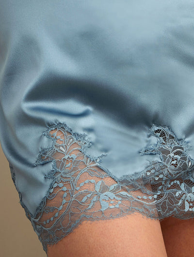 Close up image of blue silk and lace details in Fleur Of England's Ocean babydoll.