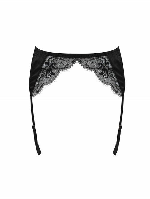 Front view of Luxury Black lace signature suspender belt with luxurious satin and floral detailing by Fleur of England