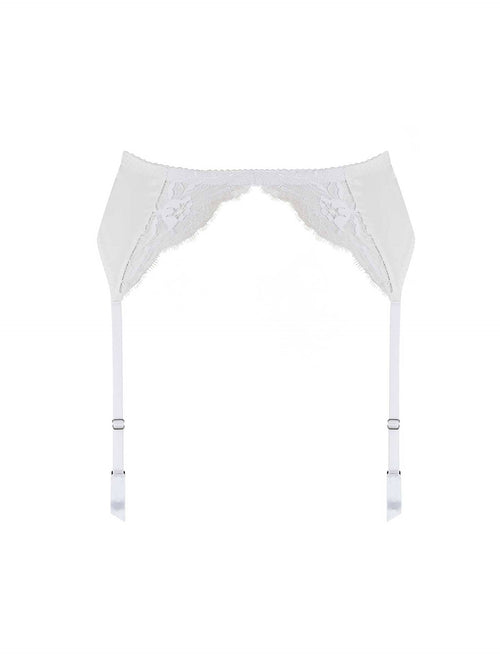 Front view of Luxury White lace signature suspender belt with luxurious satin and floral detailing by Fleur of England