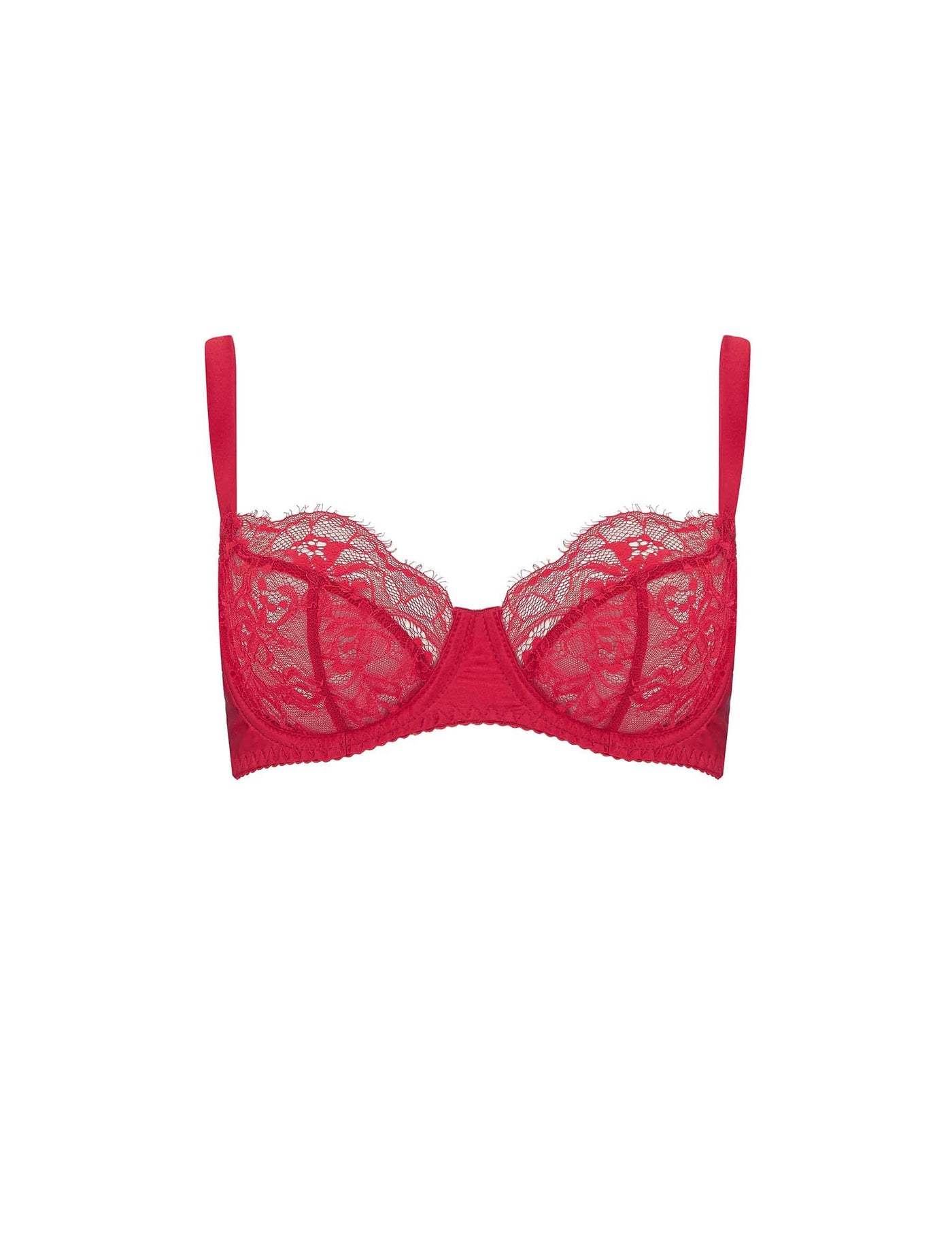 Front of Fleur of England red, lace balcony bra from the Adeline collection.