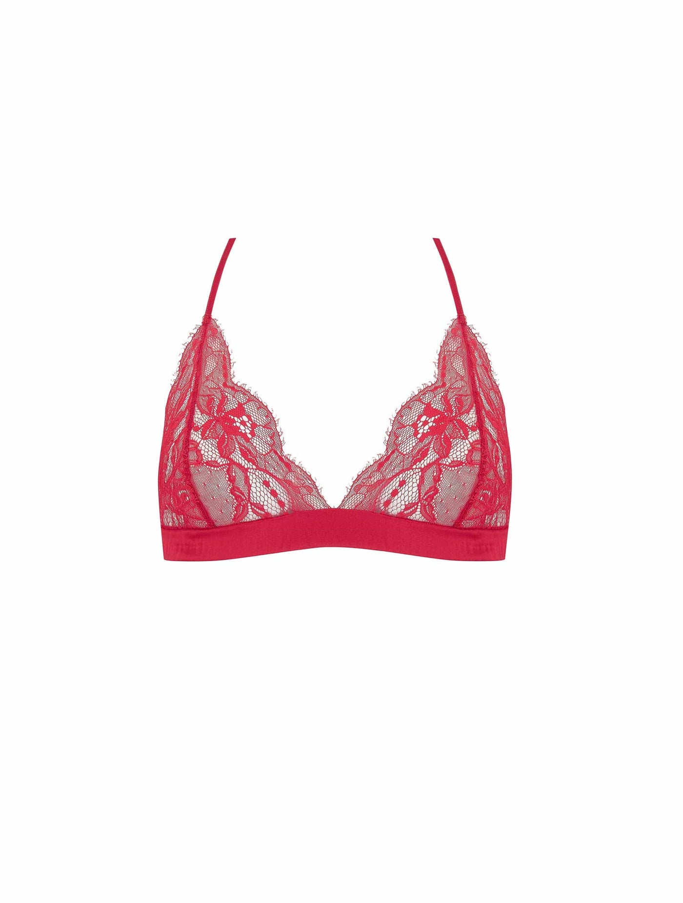 Front of Fleur of England red, lace triangle bra from the Adeline collection.