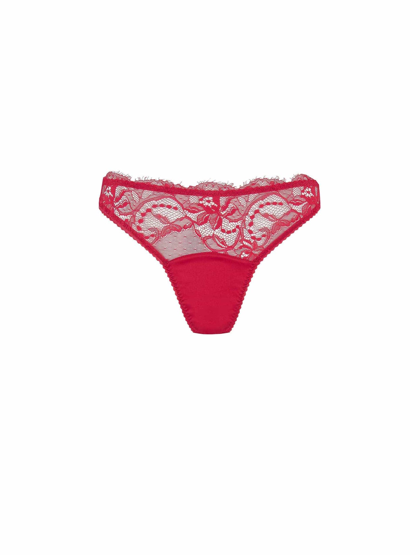 Front of Fleur of England red, lace thong from the Adeline collection.
