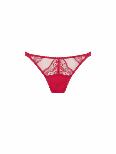 Front of Fleur of England red, lace and silk ouvert brief from the Adeline collection.