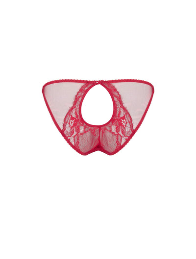 Back of red, lace brief with peephole opening