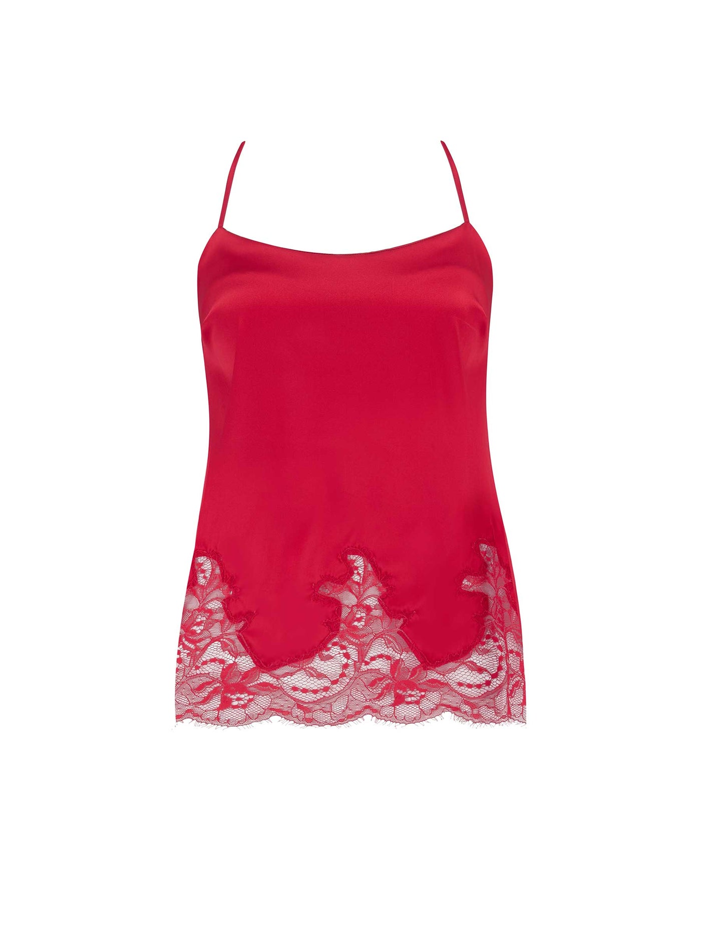 Front of Fleur of England red, silk camisole with lace hem, from the Adeline collection.