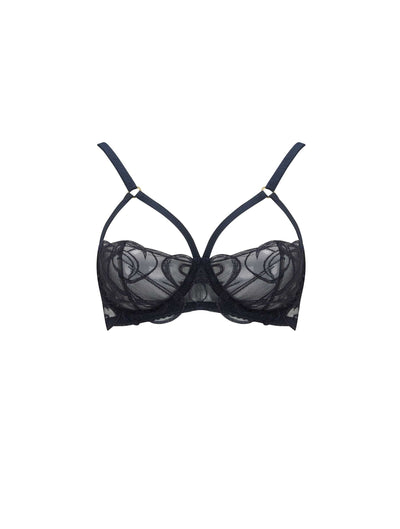 Fleur of England's navy blue, embroidered Strap Balcony Bra from the Fridar collection.