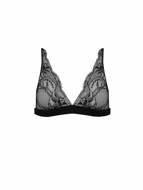 Front view of luxury Signature black lace Boudoir Bra with intricate floral detailing by Fleur of England