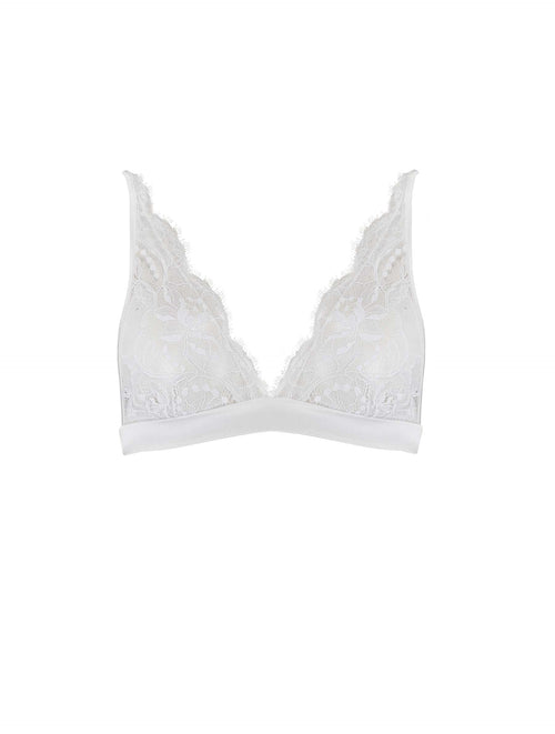 Front view of luxury Signature white lace Boudoir Bra with intricate floral detailing by Fleur of England