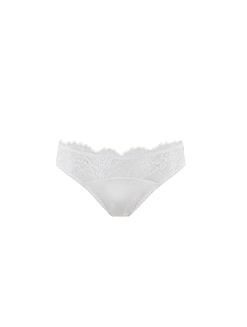 Front view of luxury White lace Signature Classic Brief with intricate floral detailing by Fleur of England