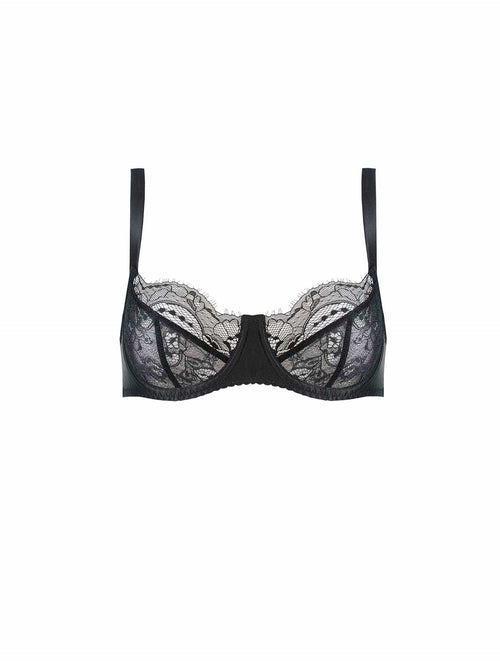 Front view of luxury black lace balcony bra with intricate floral detailing and supportive underwire by Fleur of England