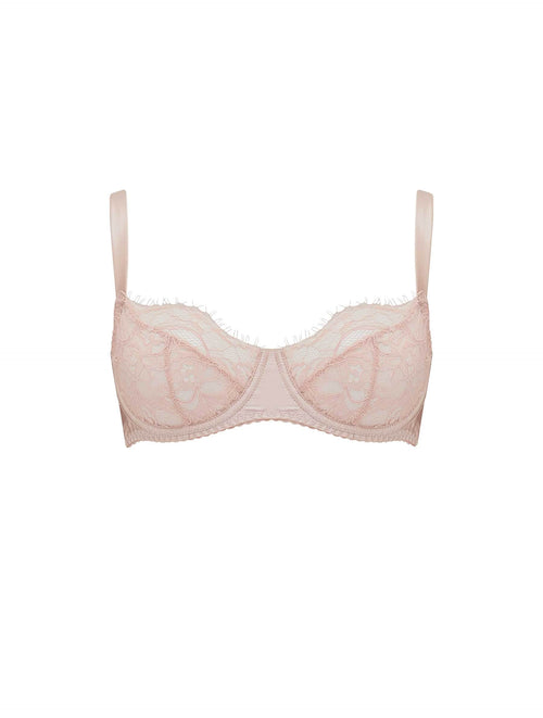 Front view of luxury Blush lace balcony bra with intricate floral detailing and supportive underwire by Fleur of England