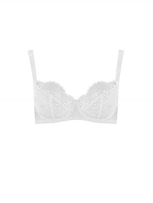 Front view of luxury white lace balcony bra with intricate floral detailing and supportive underwire by Fleur of England