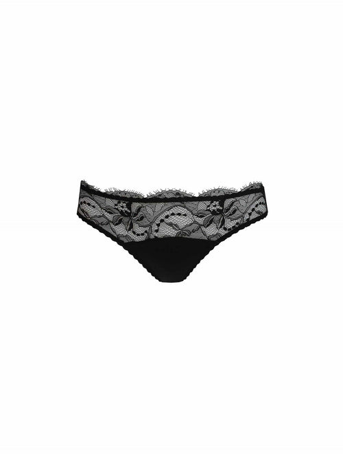 Front view of luxury black lace brief with intricate floral detailing by Fleur of England