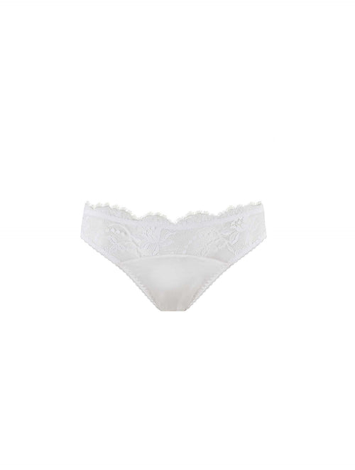 Front view of luxury white soft silk brief with intricate floral lace detailing by Fleur of England