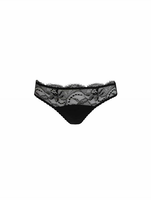 Front view of luxury black lace Ouvert Brief with intricate floral detailing and peephole cut-out by Fleur of England