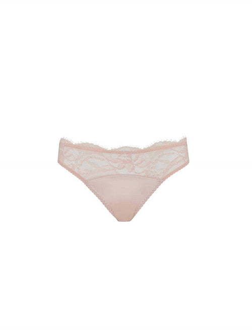 Front view of Luxury Blush lace Ouvert Brief with intricate floral detailing and peephole cut-out by Fleur of England