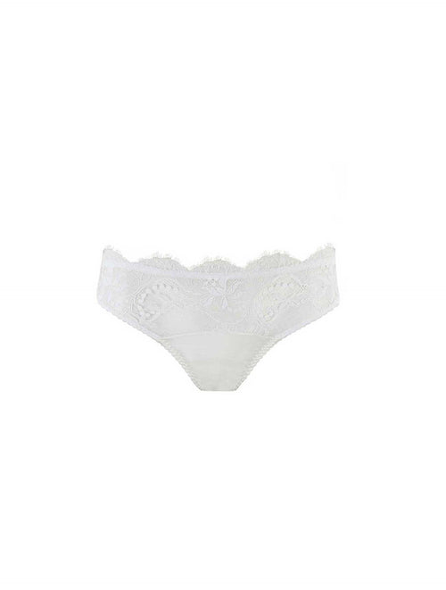 Front view of luxury white lace Ouvert Brief with intricate floral detailing and peephole cut-out by Fleur of England