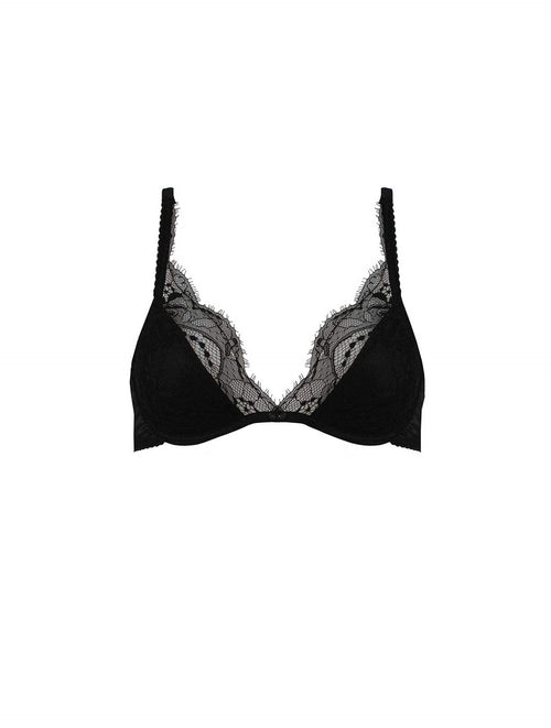 Front view of luxury black lace padded plunge bra with intricate floral detailing and underwire by Fleur of England