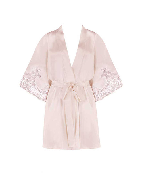 Front view of Luxury Blush Silk Satin robe with intricate floral lace detailing by Fleur of England