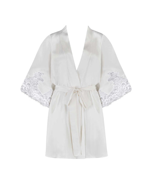 Front view of Luxury White Silk Satin robe with intricate floral lace detailing by Fleur of England